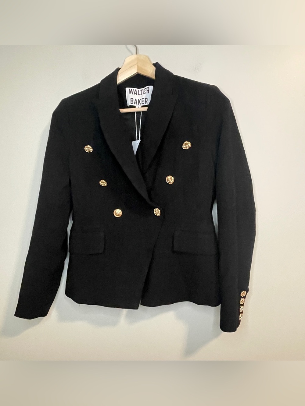 Walter Baker Black Double-Breasted Linen Blazer with Gold Buttons